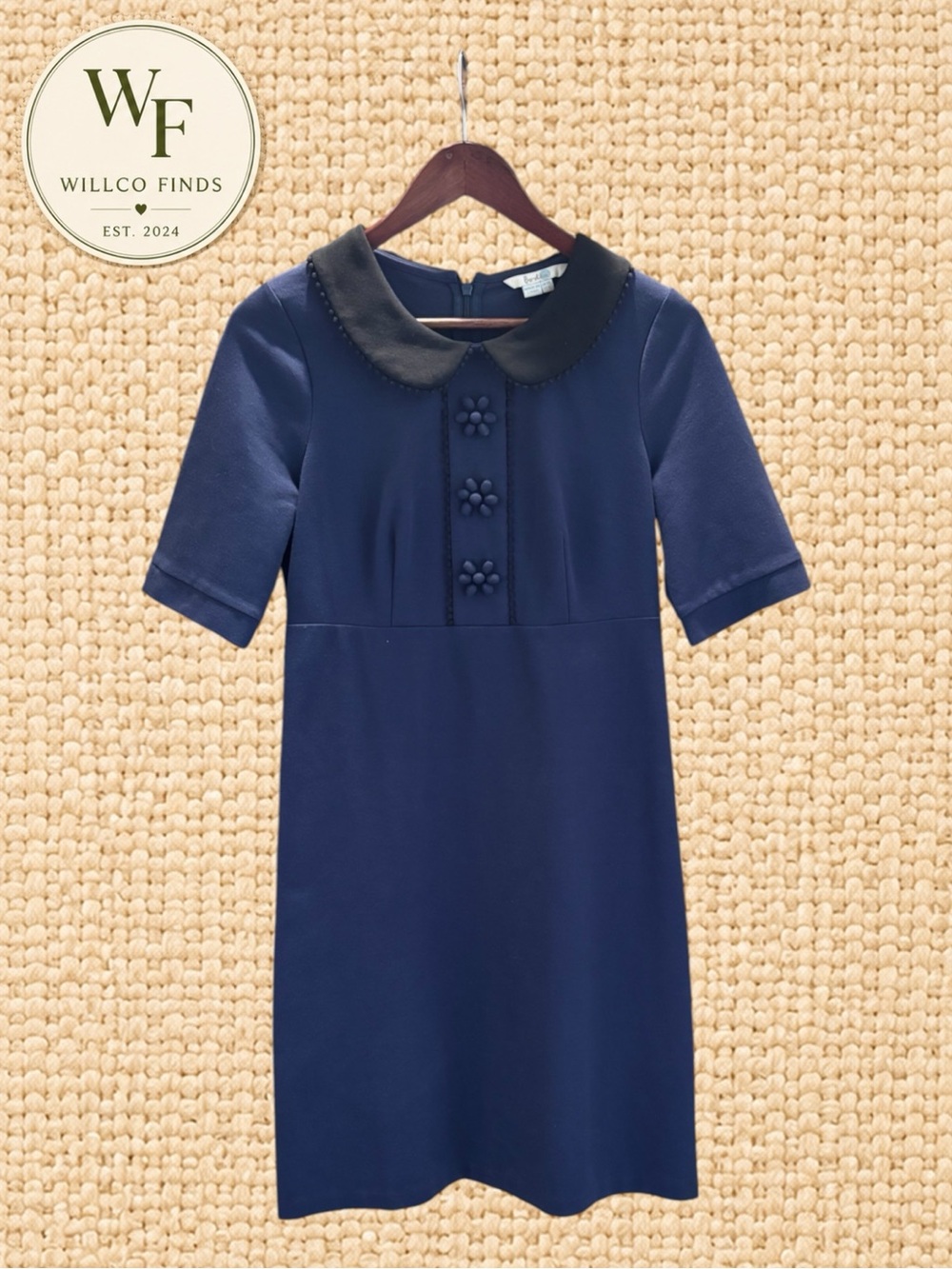 Boden Women’s Navy Blue Ponte Dress Peter Pan Collar Floral Buttons US 6 UK 10